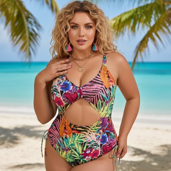 🆕️0XL Vibrant Plus Size Tropical Print Summer Vacay Trendy One Piece Swimsuit - Picture 1 of 9